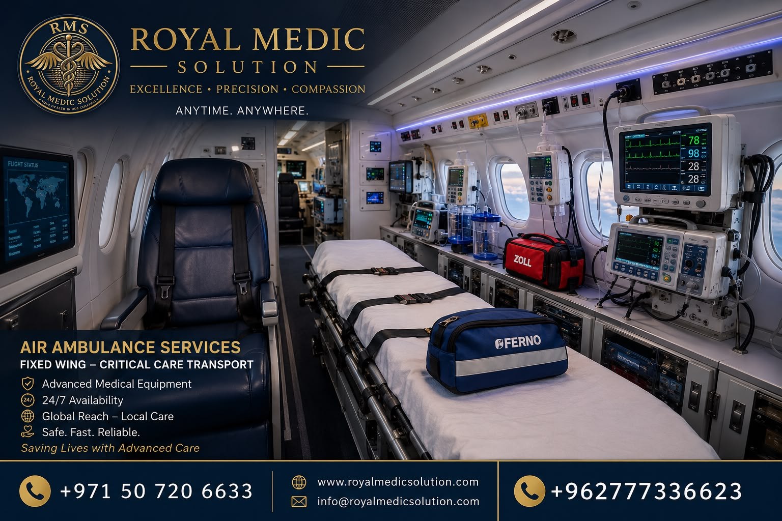 Royal Medic Solution flying ICU — fixed wing air ambulance cabin with transport ventilator, multi-parameter monitor, infusion pumps and portable oxygen. Air ambulance Jordan, UAE & Worldwide, Dr. Firas Al Kurdi.